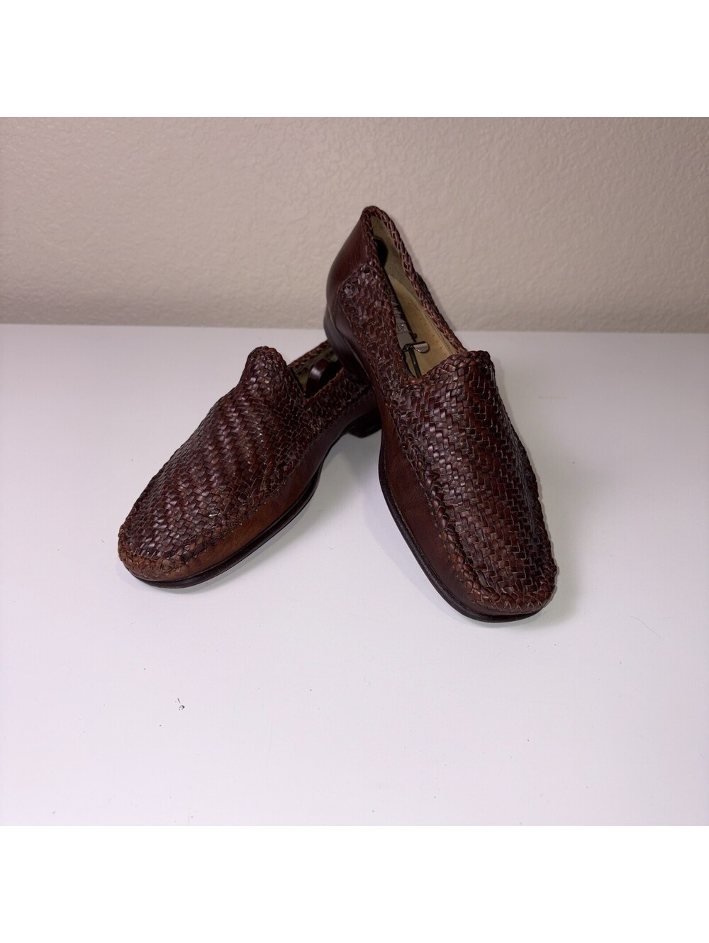 Santoni Men’s 11 D Brown Woven Leather Slip On Loafers Dress Shoes Italy